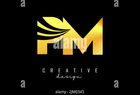 Creative golden letter Pm p m logo with leading lines and road concept design. Letters with geometric design. Vector Illustration with letter and crea Stock Vector