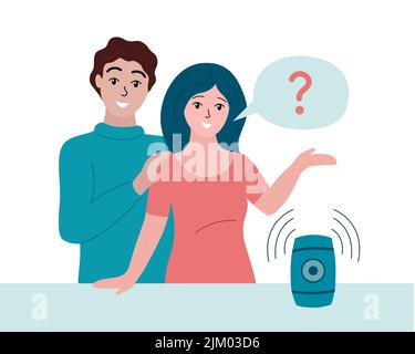 Smart speaker device at home. Family couple talking with voice assistant. Woman asking question to smart speaker gadget. People and device. Flat vecto Stock Vector