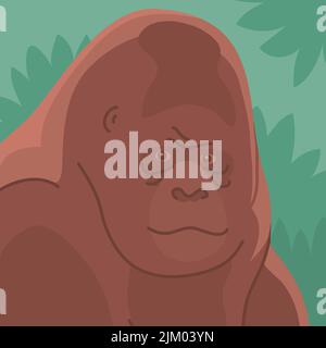 Gorilla head on the background of a wild rainforest. Primate face portrait. Wild african animal. Fauna and zoology. Vector cartoon illustration Stock Vector