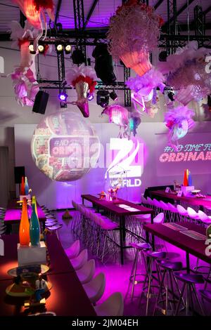 A vertical shot of purple-themed decor at an indoor media party event in Johannesburg, South Africa Stock Photo