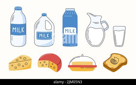 Collection of dairy and farm products in flat style. Milk, butter, cheese, bread slice. Vector illustration. Stock Vector