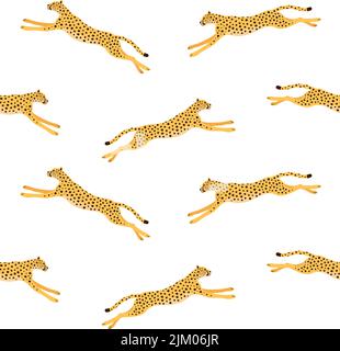 Vector seamless pattern of flat jumping cheetah isolated on white background Stock Vector