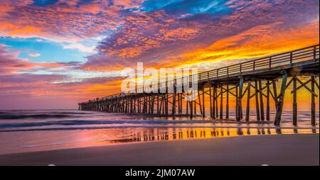 A beautiful view of Flagler Beach Fishing Pier at sunrise in Florida, USA Stock Photo