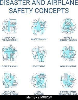 Disaster and airplane safety turquoise concept icons set Stock Vector