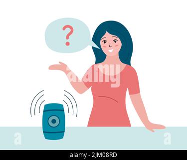 Smart speaker technology. Voice assistant. Woman asking question to smart speaker gadget. Person and device. Flat vector illustration. Stock Vector