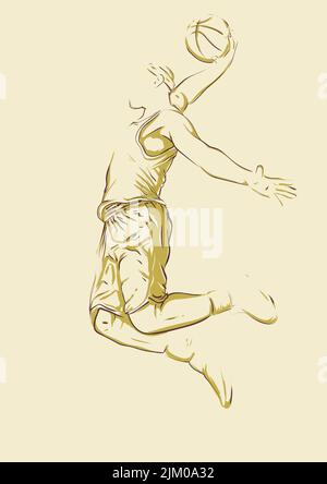 basketball player hold ball and slam dunk jump. unfinished hand drawing sketch style vector illustration. for announcement poster, presentation nand a Stock Vector