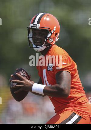 Berea, United States. 03rd Aug, 2022. Cleveland Browns quarterback Deshaun  Watson (4) scrambles during training camp in Berea, Ohio, on Wednesday,  August 3, 2022. Photo by Aaron Josefczyk/UPI Credit: UPI/Alamy Live News