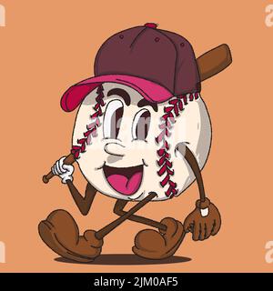 baseball walking mascot vector illustration with face. for vintage retro logos and branding. funky vintage style cartoon face vector illustration Stock Vector