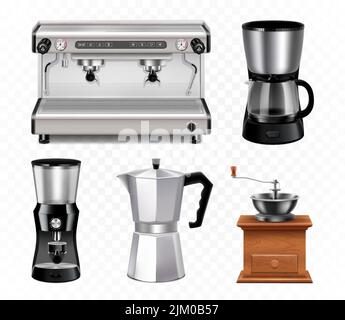 https://l450v.alamy.com/450v/2jm0b57/different-types-of-coffee-makers-and-coffee-machines-coffee-maker-professional-coffee-machine-manual-coffee-grinder-turkish-coffee-pot-realistic-2jm0b57.jpg