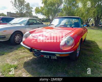 Chascomus, Argentina - Apr 9, 2022: Red sport Alfa Romeo Spider Veloce roadster Series 2 Coda Tronca 1970s parked on the grass. Nature trees in the ba Stock Photo