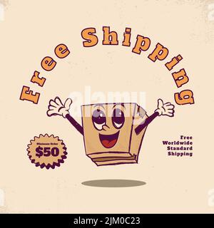 free shipping. happy package cartoon face. face retro mascot with face. vintage style cartoon face vector illustration Stock Vector
