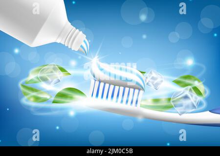 Whitening toothpaste ads with flying mint leaves and sparkling effect around the toothbrush on blue background, Realistic 3d vector illustration Stock Vector