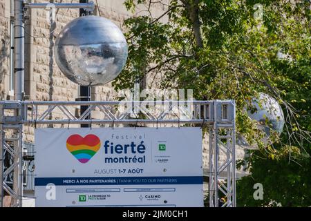 Montreal, CA - 4 August 2022: Disco ball and sign for Montreal pride week 'Fierté Montreal' Stock Photo