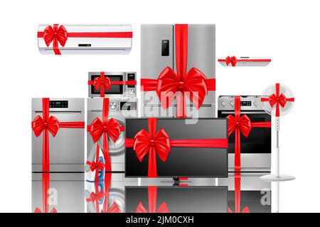Household and kitchen appliances with red ribbon and bow: microwave oven, refrigerator, vacuum cleaner, blender, toaster. Gift concept. Realistic 3D v Stock Vector
