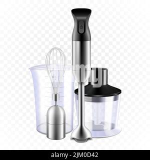 Realistic Blender, Set of Food Processor And Whisk Tools. Immersion Blender Measuring Cup And Container With Cut Sharp Blade. Electronic Appliance For Stock Vector