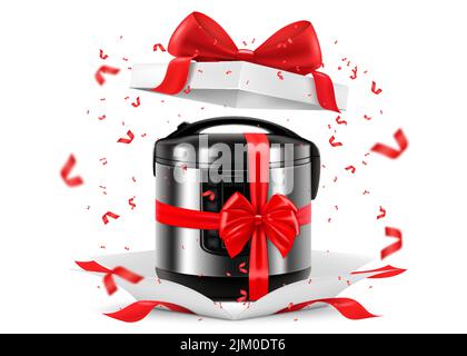 Multicooker with red ribbon and bow inside open gift box. Gift concept. Kitchen appliances. Isolated 3d vector illustration. 3D rendering. Stock Vector