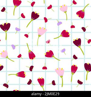 Seamless cartoon abstract flower pattern. Color floret on blue checkered background. Hand-drawn plant, petals. Stylized peonies, roses, tulips. Summer Stock Vector