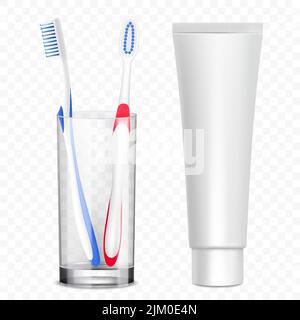 Toothbrushes in glass or plastic cup near toothpaste tube mockup. Oral hygiene products, toiletries for dental, stomatological ads. Vector 3d realisti Stock Vector
