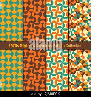 Set of 4 colorful and geometric pattern. 1970s style design. Geometric draw. Bold colors. Vintage color scheme. Stock Vector