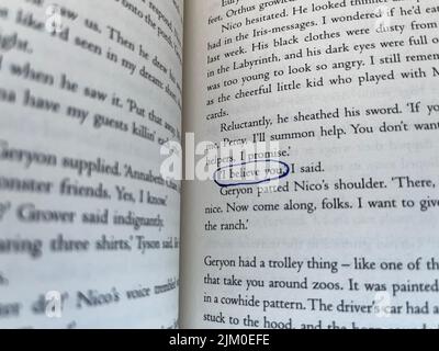 A circled text of a novel contains I believe you sentence. Selective focus. Hope or Still believe concept. Shot on 4.22.2022 at POLONNARUWA Sri Lanka. Stock Photo