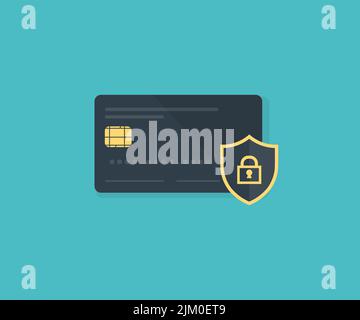 Secure cashless payment via credit card  logo design. Plastic card behind shield. Contactless transaction protection, vector design and illustration. Stock Vector