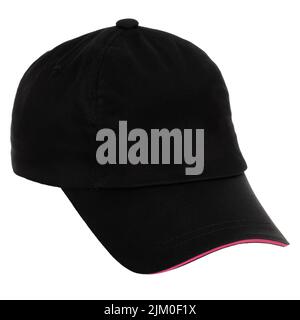 Black baseball cap, high angle shot. Cap on white background. Stock Photo