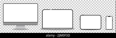 Set of smart devices. Monitor, laptop, tablet, smartphone. Smart devices with white screen. Vector illustration isolated on transparent background Stock Vector