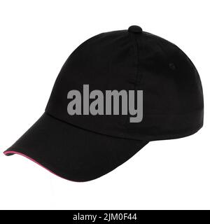 Black baseball cap, high angle shot. Cap on white background. Stock Photo