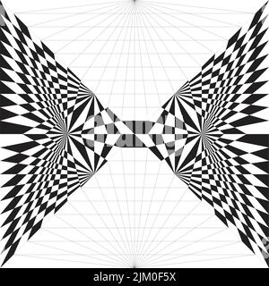 Digital background in black and white. Abstract butterfly shape. Central symmetry. Grid construction geometry. Perspective lines. Stock Vector