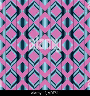 Seamless geometric pattern of rhombuses. Striped diamonds. High contrast colors, pink, light blue and black. Abstract optical illusion. Stock Vector