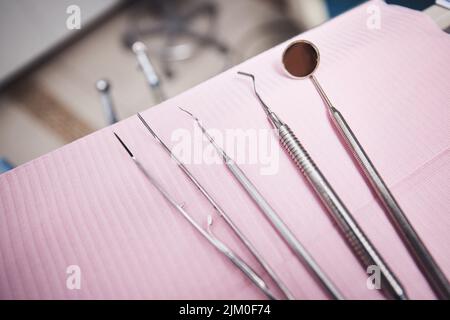 All set to restore your smile. various dental tools on a table. Stock Photo