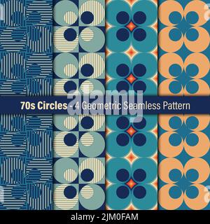 Add a retro touch to designs with the 70s Circle Set! 4 non-concentric circle shapes, bold blue & orange. Inspired by 70s style. Vibrant & unique. Stock Vector