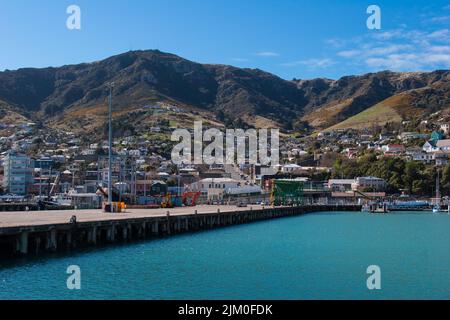 A Look at life in New Zealand: Lyttelton Port wharf, near Christchurch. A beautiful and historic setting. Stock Photo