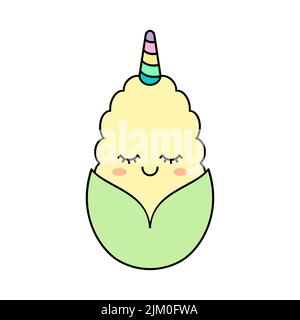 Kawaii corn pun. Unicorn (uni-corn) smiling. Cute maize smiling with rainbow horn. Funny adorable corn. Vegetable cartoon character. Vector Stock Vector