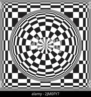 Black and white contrast create a faux 3d optical illusion. Geometric, distorted checker pattern. Target button on checkerboard. Psychedelic and trend Stock Vector