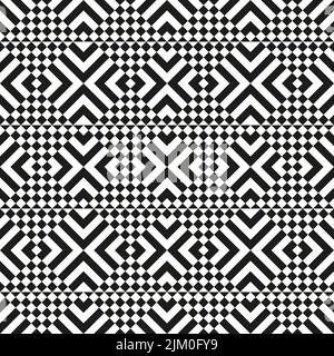 Diamond shape wallpaper with optical effect. Alternate pattern with stripes and checkered tile. Contrasting colors. Monochrome and vector design. Stock Vector