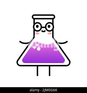 Cute lab flask with eyeglasses. Girls in science idea. Kawaii Erlenmeyer glass bottle smiling. Science, chemistry, pharmacy concept. Vector Stock Vector