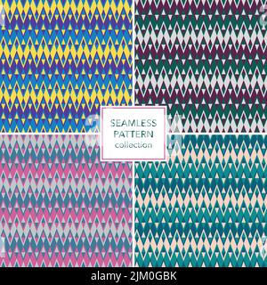 Colorful chevron pattern. Zig zag stripes alternate with rhombus shapes. Seamless designs. Trendy decoration. Stock Vector
