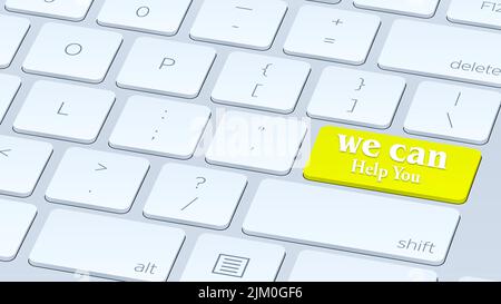 close up White keyboard Yellow button written we can help you, we can help you written on computer button, raster. Stock Photo