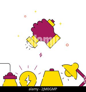 Hand with flashlight filled line vector icon, simple illustration, related bottom border. Stock Vector