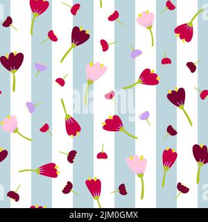 Seamless cartoon abstract flowers pattern. Color floret on striped background. Hand-drawn plants, petals. Stylized peonies, roses, tulips, lilies. Sum Stock Vector