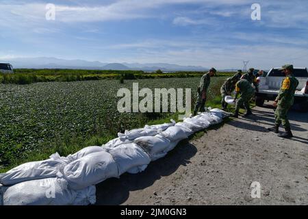 August 3, 2022, San Mateo Atenco, Mexico City, Mexico: August 3 in San Mateo Atenco, Mexico : Neighbors, civil protection elements and military personnel belonging to the 25th Infantry Battalion, applied Plan DN-III-E in its prevention phase, by placing ''costaleras'' along 4 kilometers of the perimeter of the Lerma River, a place where every rainy season it suffers overflows and severe flooding in homes in the area. on August 3, 2022 in San Mateo Atenco, Mexico. (Credit Image: © Arturo HernÃ¡Ndez/eyepix via ZUMA Press Wire) Stock Photo