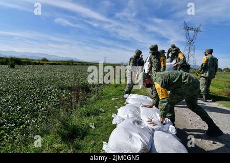 August 3, 2022, San Mateo Atenco, Mexico City, Mexico: August 3 in San Mateo Atenco, Mexico : Neighbors, civil protection elements and military personnel belonging to the 25th Infantry Battalion, applied Plan DN-III-E in its prevention phase, by placing ''costaleras'' along 4 kilometers of the perimeter of the Lerma River, a place where every rainy season it suffers overflows and severe flooding in homes in the area. on August 3, 2022 in San Mateo Atenco, Mexico. (Credit Image: © Arturo HernÃ¡Ndez/eyepix via ZUMA Press Wire) Stock Photo