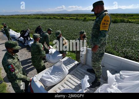 August 3, 2022, San Mateo Atenco, Mexico City, Mexico: August 3 in San Mateo Atenco, Mexico : Neighbors, civil protection elements and military personnel belonging to the 25th Infantry Battalion, applied Plan DN-III-E in its prevention phase, by placing ''costaleras'' along 4 kilometers of the perimeter of the Lerma River, a place where every rainy season it suffers overflows and severe flooding in homes in the area. on August 3, 2022 in San Mateo Atenco, Mexico. (Credit Image: © Arturo HernÃ¡Ndez/eyepix via ZUMA Press Wire) Stock Photo