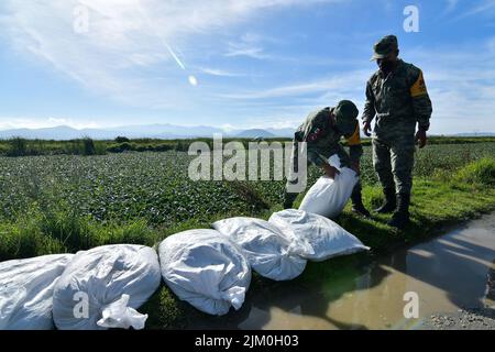 August 3, 2022, San Mateo Atenco, Mexico City, Mexico: August 3 in San Mateo Atenco, Mexico : Neighbors, civil protection elements and military personnel belonging to the 25th Infantry Battalion, applied Plan DN-III-E in its prevention phase, by placing ''costaleras'' along 4 kilometers of the perimeter of the Lerma River, a place where every rainy season it suffers overflows and severe flooding in homes in the area. on August 3, 2022 in San Mateo Atenco, Mexico. (Credit Image: © Arturo HernÃ¡Ndez/eyepix via ZUMA Press Wire) Stock Photo