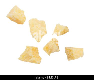 Pieces of fresh natural parmesan cheese isolated on white, clipping path Stock Photo