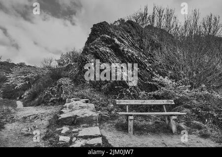 A grayscale shot of  a wooden bench near the Ruins of the Lowenburg castle in Monreal, Germany with a cloudy sky Stock Photo