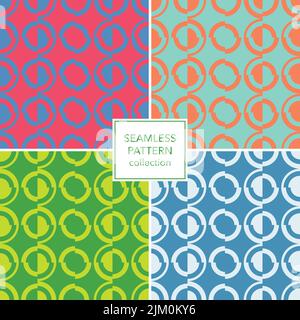 Geometric circles and rings pattern. Alternate tiles with sliding effect of shapes. Set of 4 neon colors designs. Grid arranged design. Stock Vector