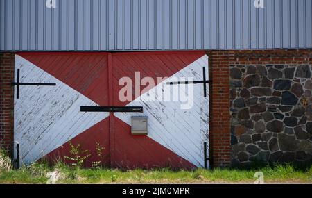 red white painted wooden garage door Stock Photo
