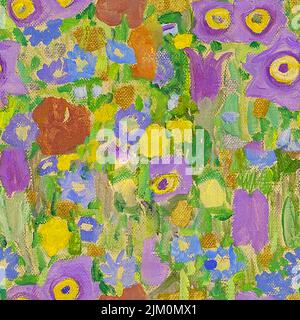 Seamless pattern flowers oil paint floral bright colors and paint canvas texture Stock Vector